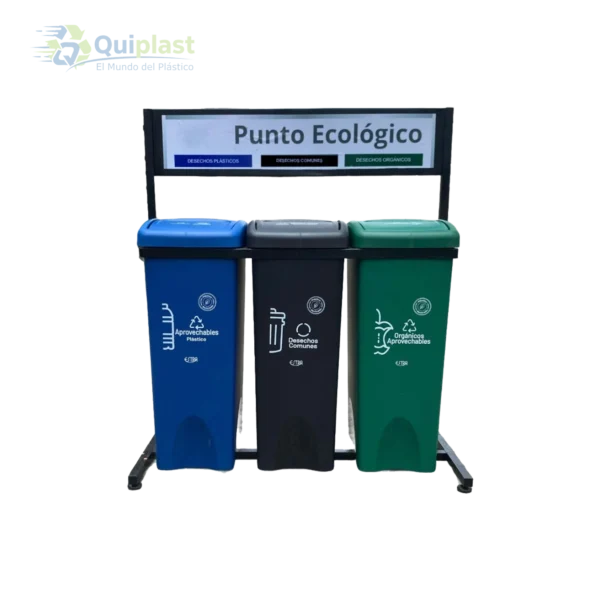 Punto ecológico de 53 litros con tres canecas de vaivén en colores reglamentarios para reciclaje institucional.